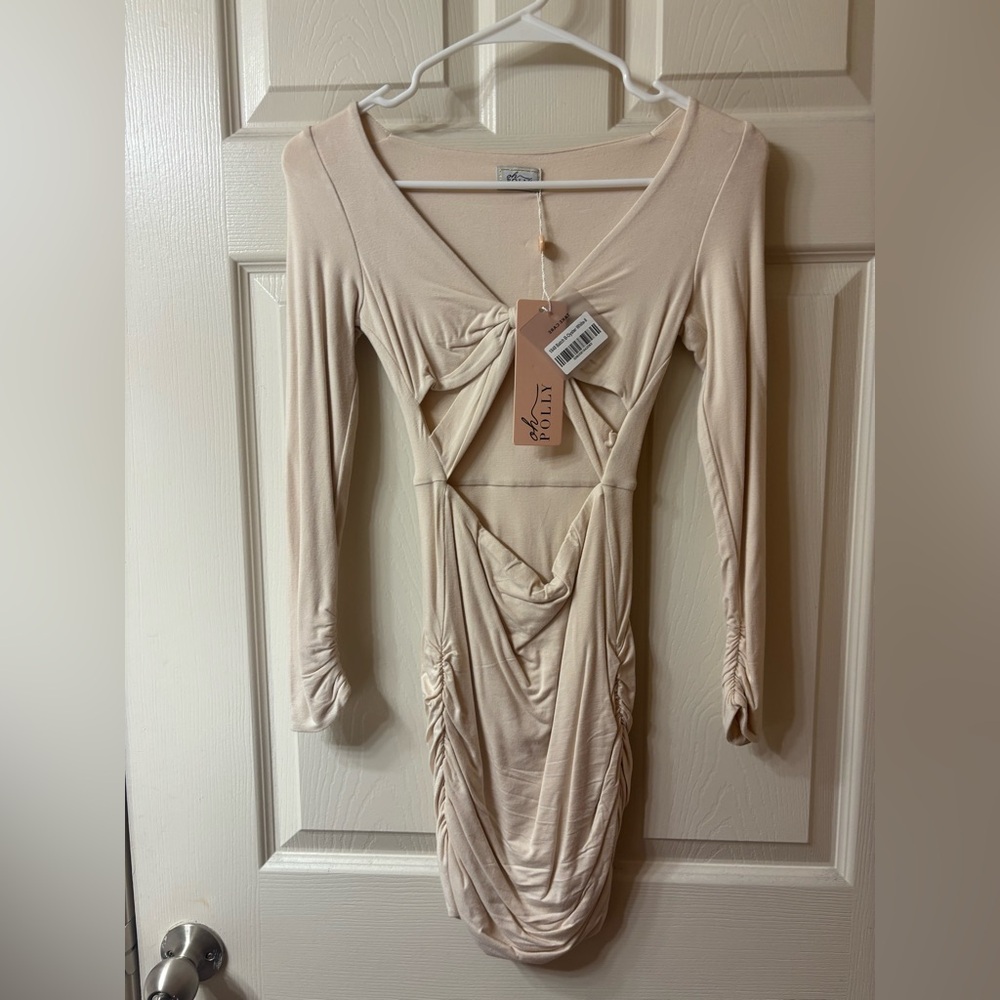 Oh Polly Beige Long Sleeve Cut-Out Dress